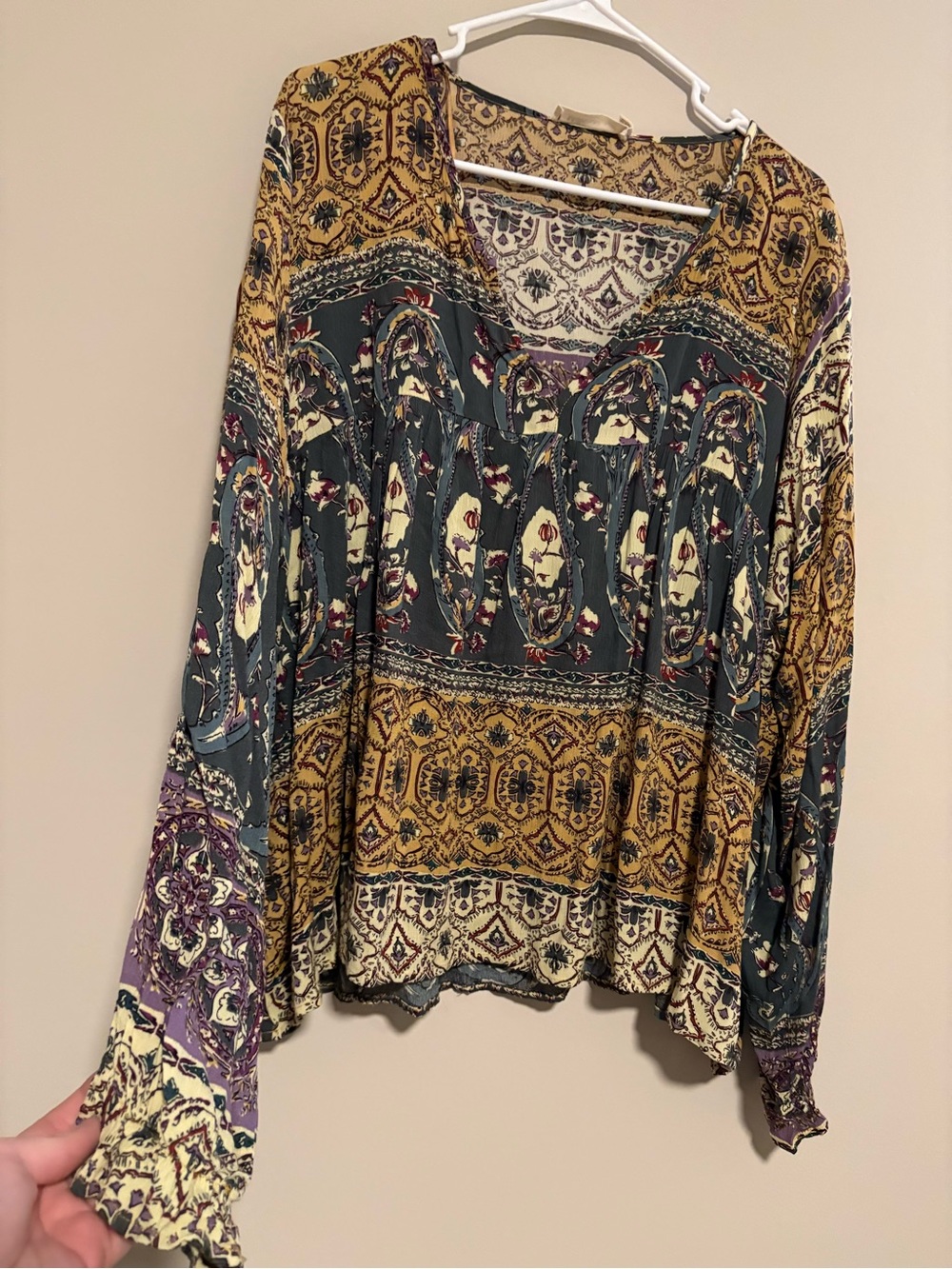 Millibon Mixed-Print Boho Long Sleeve Blouse in Mustard, Teal & Purple